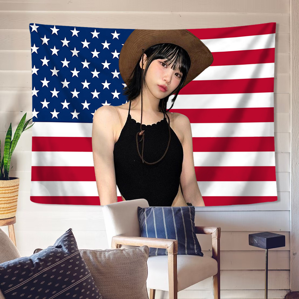 Le SSERAFIM คาวบอย Chawon American Flag Wall Tapestry พร้อมคลิปโพลีเอสเตอร์ Tapestries ห้องนอนแขวนผนัง Tapestry ตกแต่งบ้าน