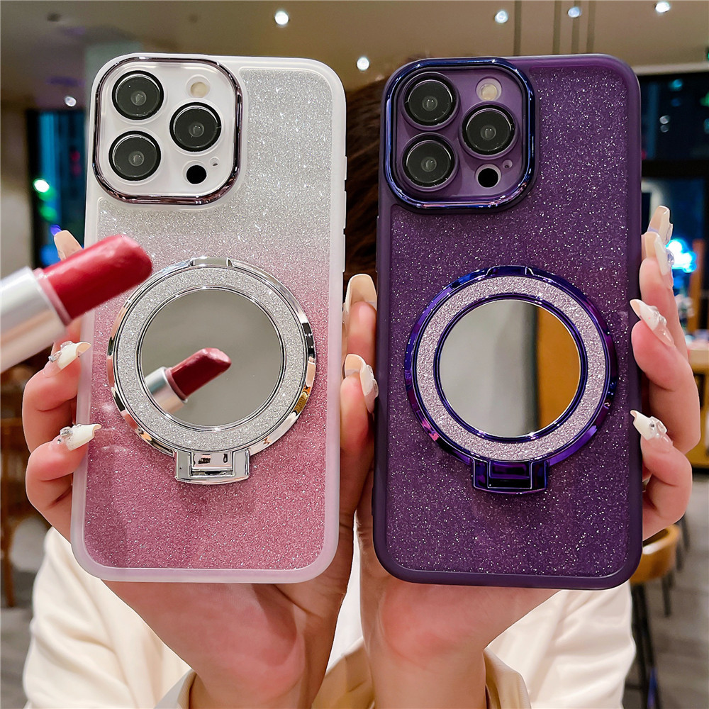 เคสโทรศัพท์มือถือ ซิลิโคนนุ่ม แต่งกลิตเตอร์ พร้อมกระจกแต่งหน้า และขาตั้งแม่เหล็ก สําหรับ IPhone 15 Pro Max 14 Plus 13 12 11 Pro Max