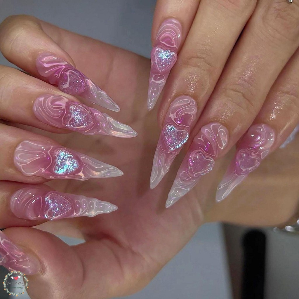 BLNAIL 24 ชิ้น ล็บปลอม เล็บปลอม กันน้ํา สีชมพู ติดทนนาน ปลอดภัย