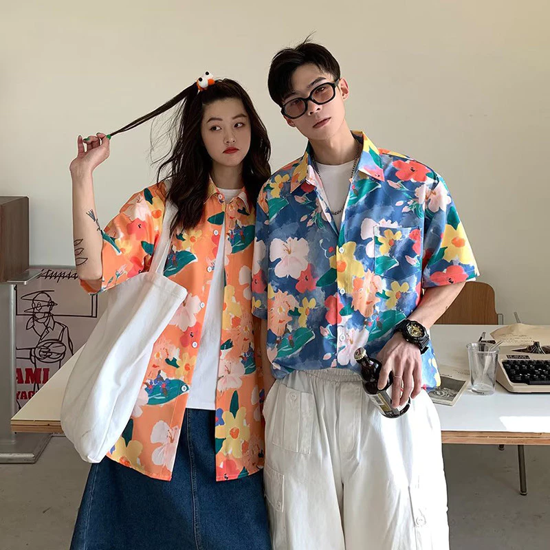 Hanlu เสื้อเชิ้ตแขนสั้น ลายดอกไม้ หลวม สำหรับคู่รัก thumbnail 5