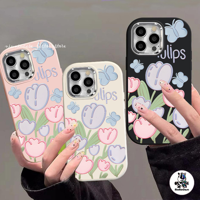 สำหรับ iPhone 13 12 14 11 15 Pro Max XR X Plus XS SE 7 บลูทิวลิปผีเสื้อลายการ์ตูนกรอบรูปโลหะกรณีโทรศัพท์กันกระแทก น่ารัก
