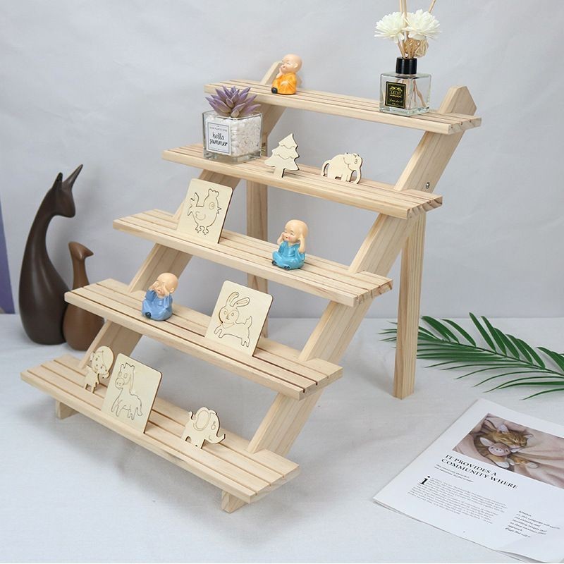 Pine Display Stand Multi-Layer Desktop Storage Shelf Wooden Ladder Multi-Purpose Plant Flower Stand