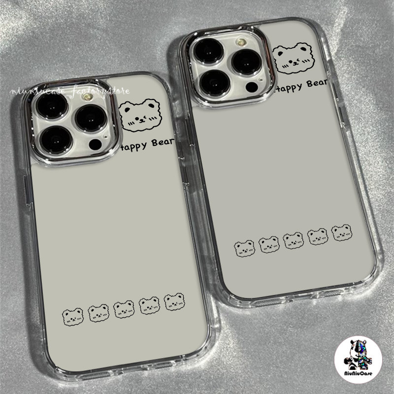 สำหรับ iPhone 13 12 14 11 15 Pro Max XR X Plus XS SE 7 เส้นหมีน้อยรูปหมีโลหะกรอบรูปโทรศัพท์ลายการ์ตูน กันกระแทกและน่ารัก