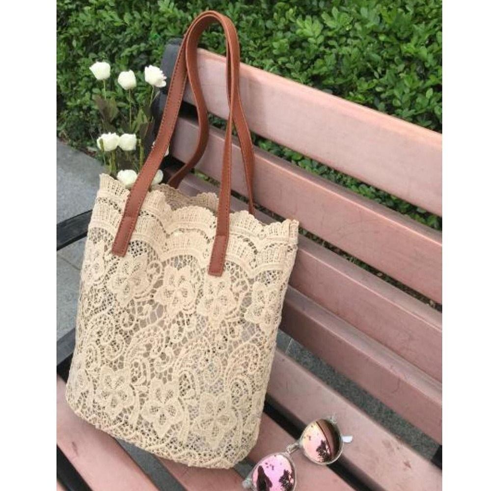 Bersy กระเป๋าถือทอผู้หญิง,Hollow Out Handโครเชต์ลูกไม้กระเป๋าสะพาย,Elegant Long Lasting TOP-Handleน้ําหนักเบาโครเชต์ดอกไม้Tote Sandy Beach