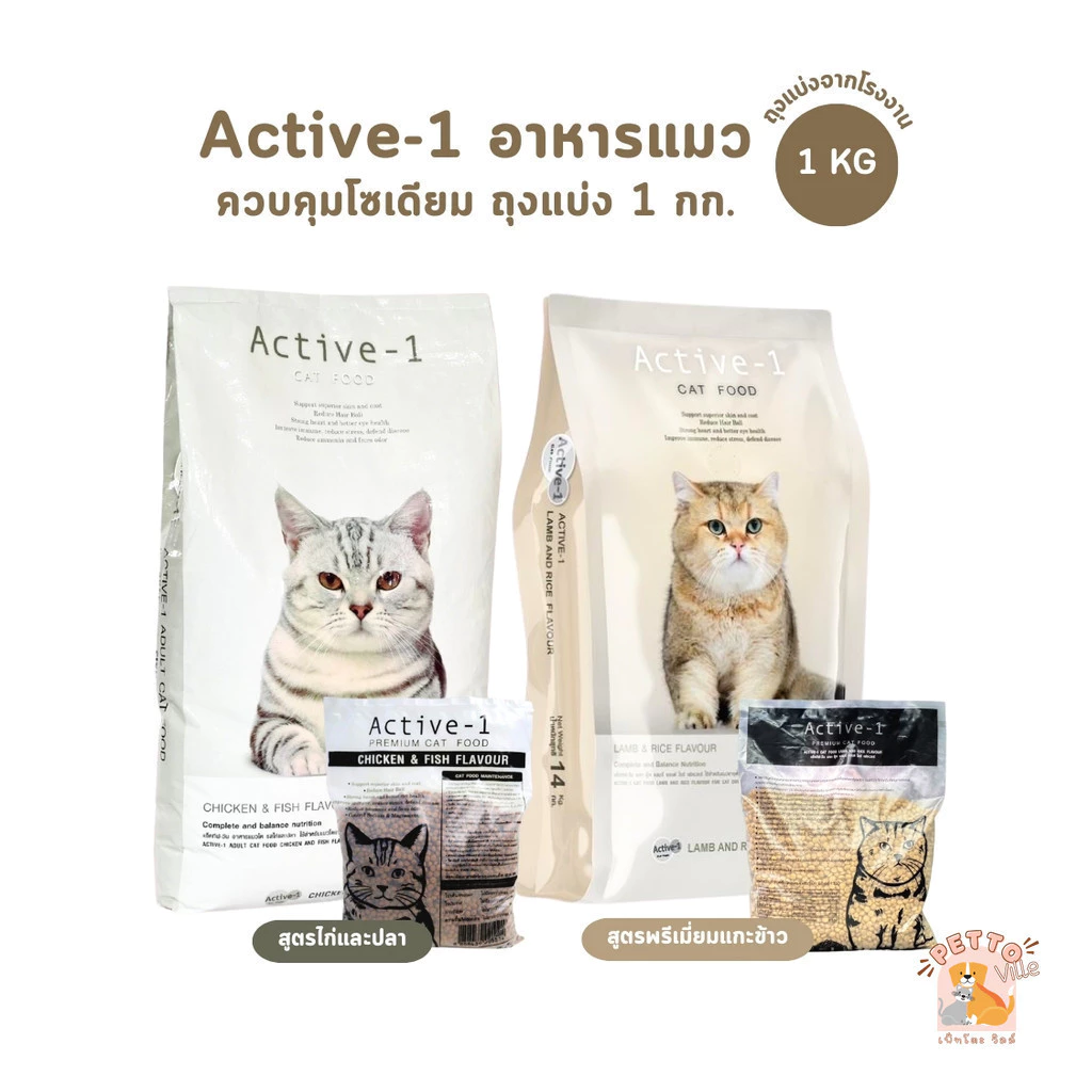 Active-1 แอคทีฟวัน อาหารเม็ดแมว เกรดพรีเมี่ยม ไม่เค็ม โซเดียมต่ำ ถุงแบ่งจากกระสอบ 1 kg