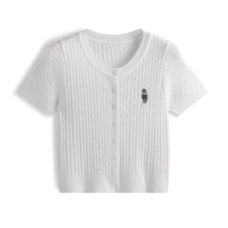 Gakki เสื้อยืดแขนสั้นปักหมี เสื้อสเวตเตอร์แขนสั้นผู้หญิง พร้อมส่ง 72056#