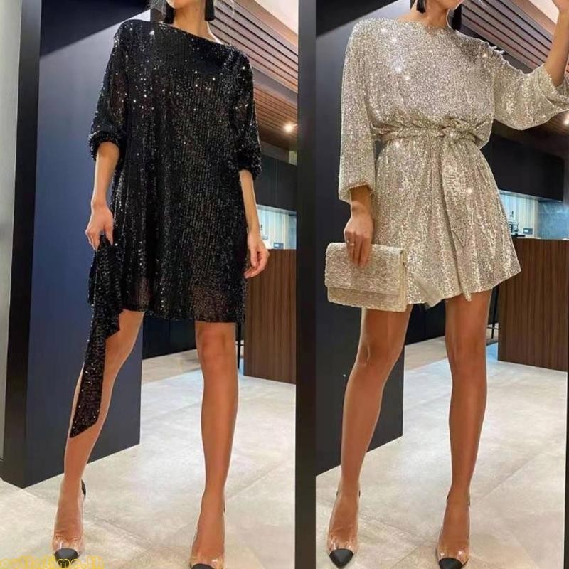 เวลาผู ้ หญิง Glitter เลื ่ อมพัฟแขนรอบคอปาร ์ ตี ้ หลวม Fit มินิชุด Clubwear