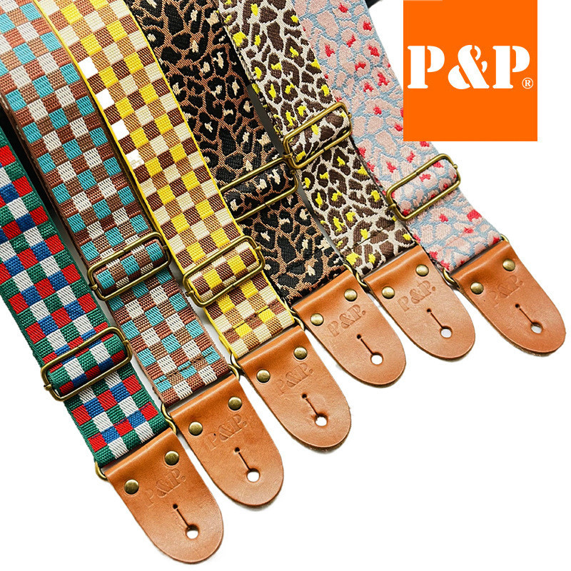 P PP สายกีตาร ์ สายสรรเสริญ Jacquard Plaid Leopard Print Acoustic Guitar strap