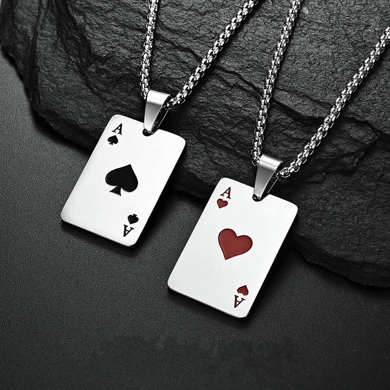 ที่ไม่ซ้ํากัน Poker Hearts Spades A จี้สร้อยคอ, สร้อยคอคู่สแตนเลส, ห่วงโซ่เสื้อกันหนาวสไตล์สตรีท