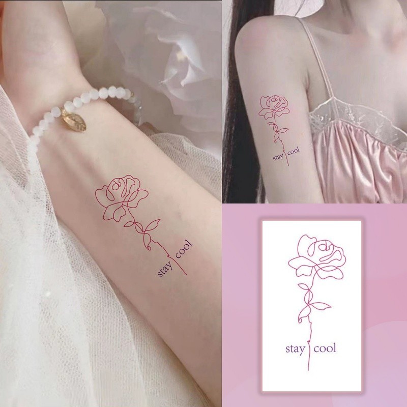 เส ้ นสีชมพูลายกุหลาบสักเซ ็ กซี ่ สาวแขนสักสติกเกอร ์ รอยสักกันน ้ ําติดทนนาน 7 วันรอยสักปลอมชั ่ วคราว
