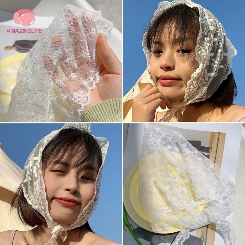 1ชิ้นแฟชั่นย้อนยุคลูกไม้ดอกไม้สามเหลี่ยมคาดศีรษะ-หวานน่ารักสีขาวผ้าคลุมศีรษะ-สําหรับผู้หญิงสาวที่สง่างามผมผ้าพันคออุปกรณ์ผม