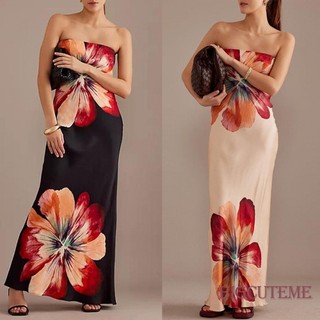 []-Women Strapless Tube Dress Summer Sleeveless Floral Print Backless Party Long Dress