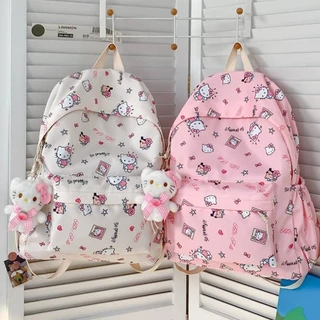 SANRIO กระเป๋าเป้สะพายหลัง ซานริโอ Hello Kitty สําหรับนักเรียนความจุขนาดใหญ่น้ําหนักเบาพิมพ์แฟชั่นกระเป๋าการ์ตูนหญิงอเนกประสงค์