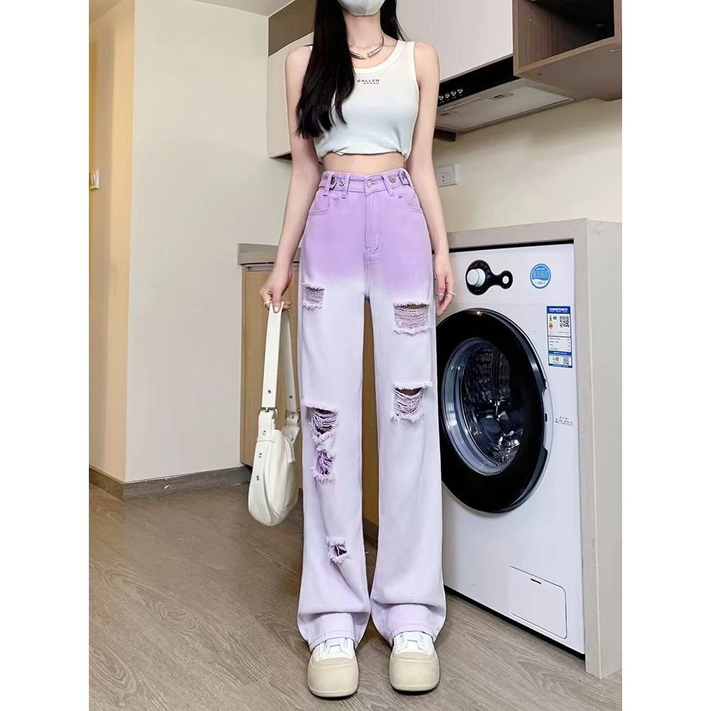 Dopamine สีม ่ วงไล ่ โทนสีปรับตรงกางเกงยีนส ์ ผู ้ หญิง 2024 ฤดูร ้ อนบางสไตล ์ Slimmer ดูหลวมขากว ้ าง Trou