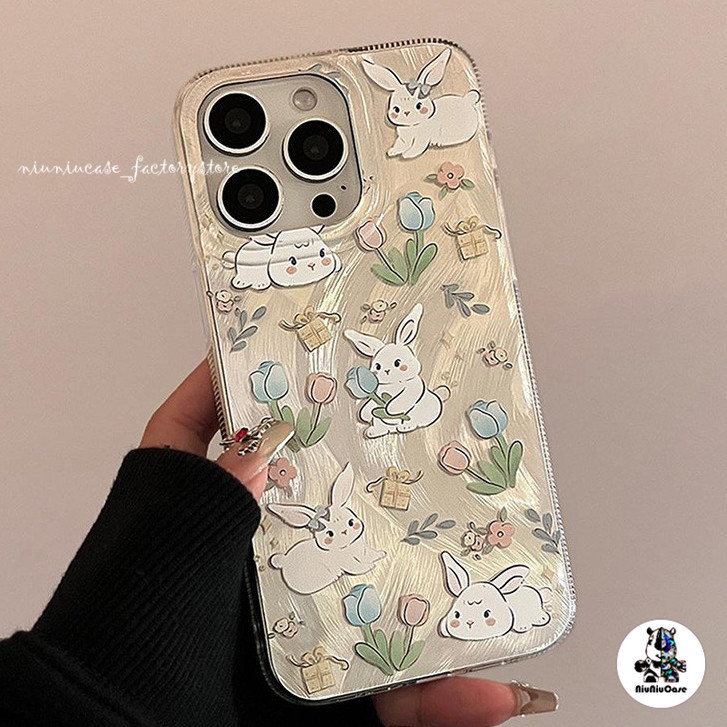 For iPhone 11 เคส Silver Feather Holographic Laser Case กระต่าย TPU For iPhone 12 13 14 15 Pro max X XR XS MAX 7 8 Plus