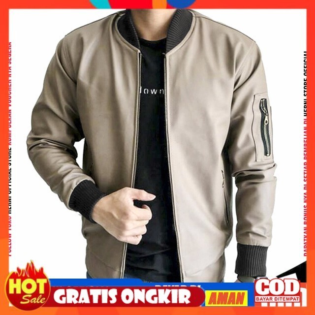 [ต้นฉบับพรีเมี่ยม] ผู้ชาย CASUAL MOCCA SYNTHETIC LEATHER BOMBER JACKET / ORIGINAL PREMIUM WATERPROOF