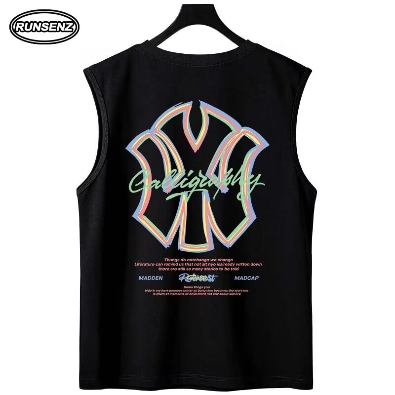 M-8xl เกาหลีอินเทรนด ์ สีดํา Oversize เสื ้ อกั ๊ กผู ้ ชายขนาดบวกถังลําลองหลวมแขนกุดด ้ านบน