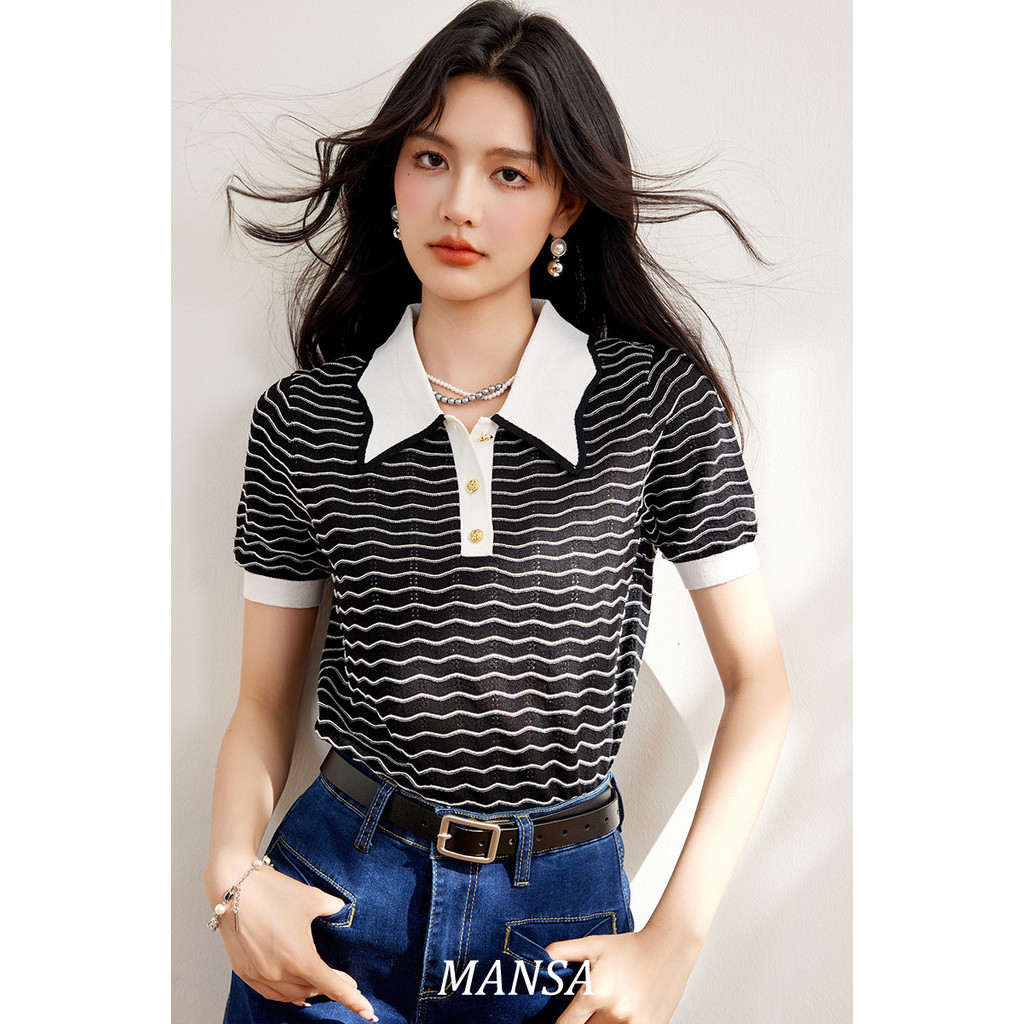 MANSA black striped knit shirt เสื้อผ้าแฟชั่นผู้หญิง เสื้อถักลายทาง
