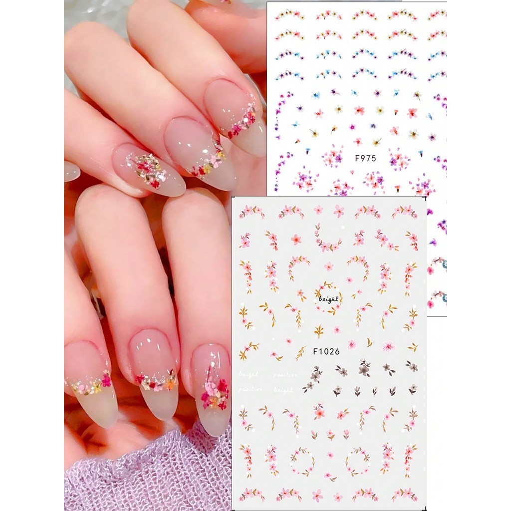ดอกไม้สติกเกอร์เล็บ Babysbreath Sakura ดอกไม้ฤดูร้อน Decals Slider ฤดูใบไม้ผลิเล็บออกแบบตกแต่ง