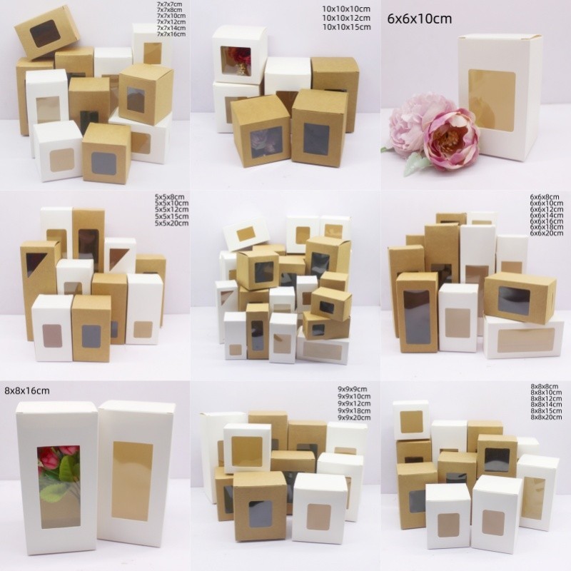 10ชิ้น หลายขนาดกล่องหน้าต่างสี่เหลี่ยม5-6-7-9-10ซม.ความสูง กล่องกระดาษสีขาวของขวัญคราฟท์ขนม /กล่องของเล่น