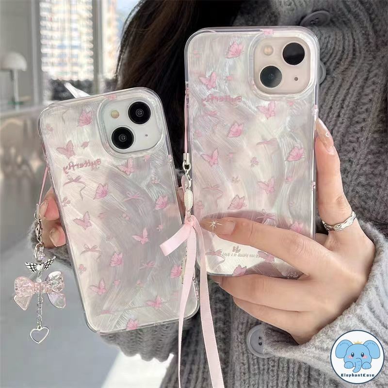 แฟชั่นโรแมนติกดอกไม้ผีเสื้อสีชมพูหรูหราปกคลุมเส้นไหม iPhone 11 15 7Plus 13 14 12 Pro Max 14 8 7 Plus XR X XS Max SE