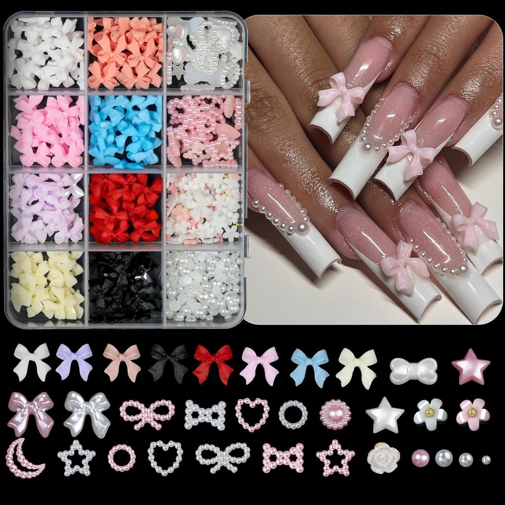 12grids/กล่องผสมเรซิ่นbowknotตกแต่งเล็บ3dอะคริลิคcharms Kawaii DIYเล็บเครื่องมือ