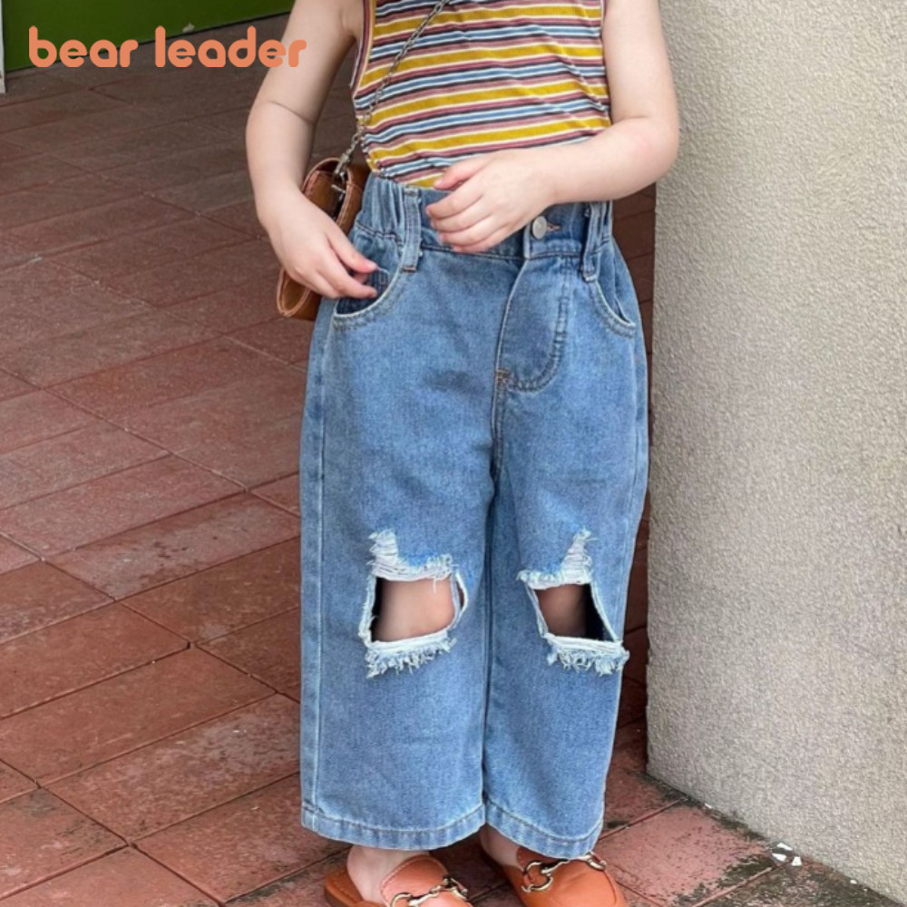 Bear Leader Summer 2-7 Years Girls Hole Jeans สไตล ์ เกาหลีแฟชั ่ นกางเกงขากว ้ างสีทึบพร ้ อมกระเป ๋ า