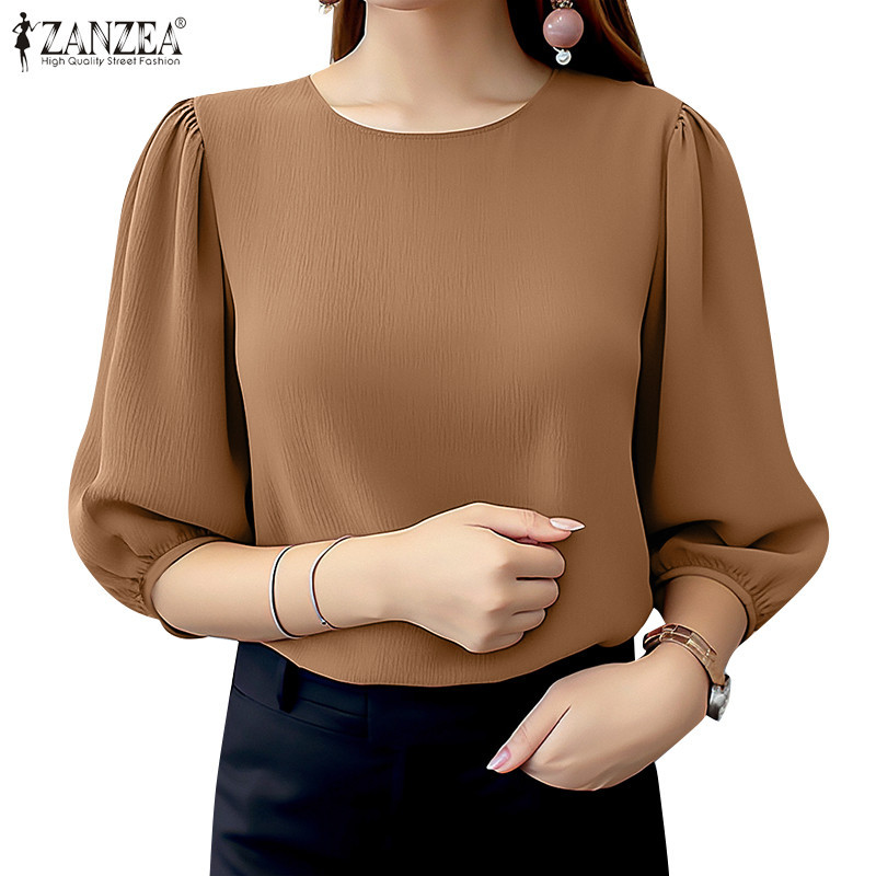 Zanzea เสื ้ อลําลองผู ้ หญิงแฟชั ่ นวินเทจคอกลมสามในสี ่