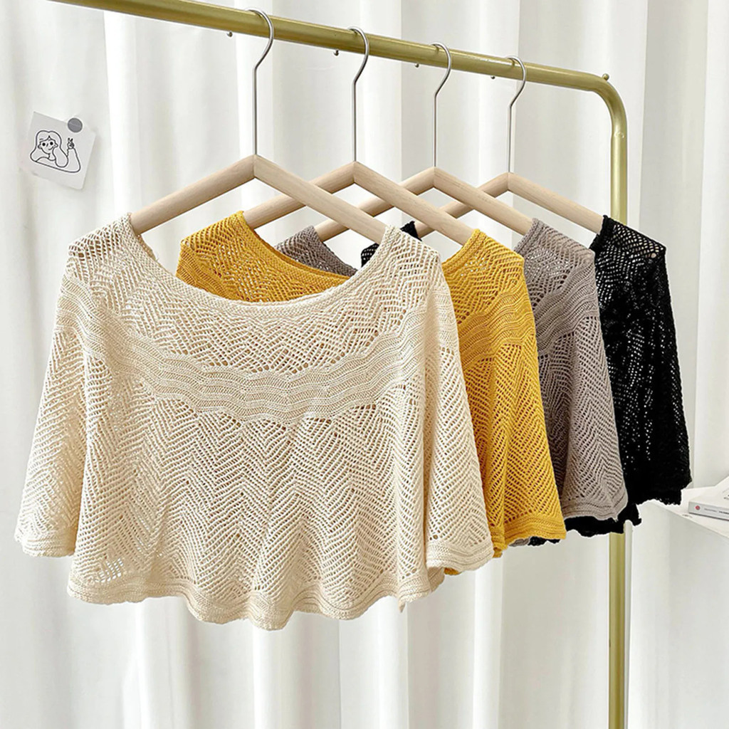 Hollow Out ถักผ ้ าคลุมไหล ่ ผ ้ าพันคอสีทึบบางห ่ อ Elegant Cape Ruffles Windproof คาร ์ ดิแกนหลวมสบายๆผ ้ าคลุมไหล ่ - รูปที่ 4