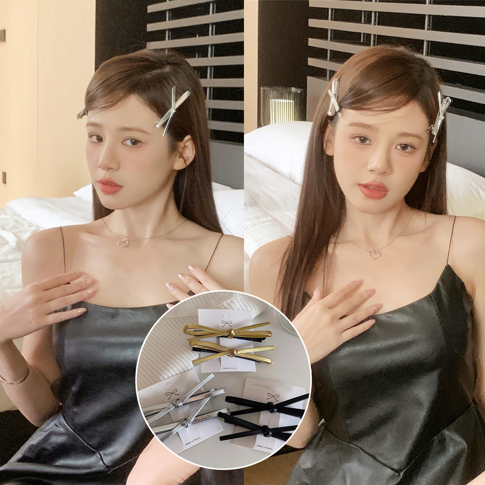 หนังโบว์กิ๊บสําหรับผู้หญิงที่เรียบง่ายสีดําหวานเย็นด้านคลิปเรียบคลิปกิ๊บคลิปด้านข้างอุปกรณ์ผม
