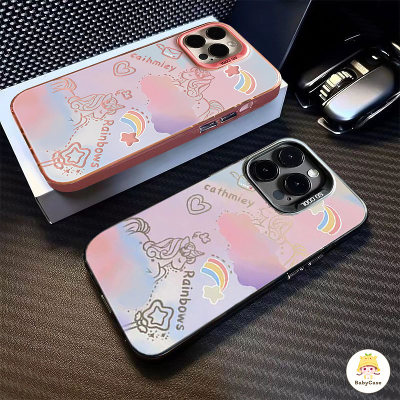 การ์ตูนโรแมนติกเมฆฝันสายรุ้งน่ารักยูนิคอร์นชุบโลหะเลนส์ซอฟท์แ iPhone 11 15 13 12 14 Pro Max XR X XS MAX 7 8 Plus SE 2020