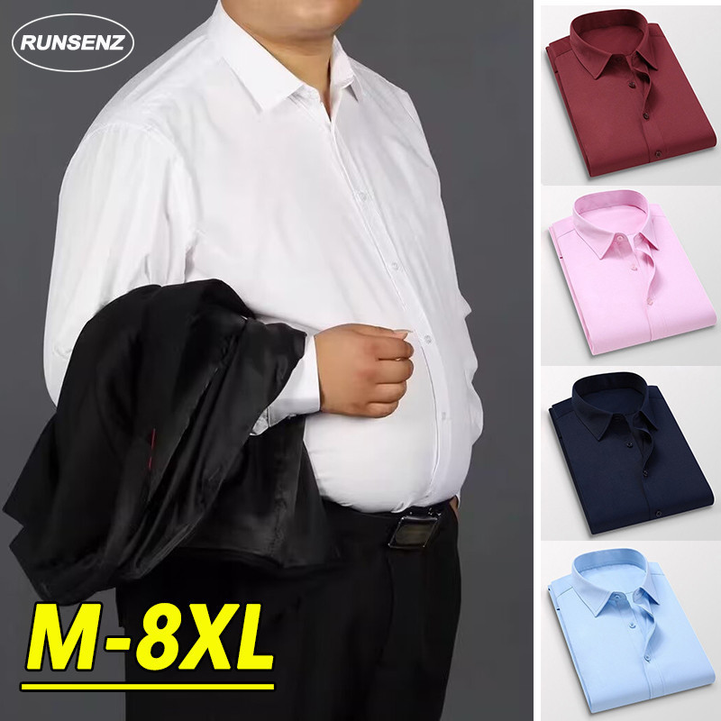 ส-8เอ็กแอล เวอร์ชั่นเกาหลีเสื้อเชิ้ตพื้นฐานผู้ชายลําลองหลวมธุรกิจสีขาวขนาดบวกเสื้อเชิ้ตแขนยาว