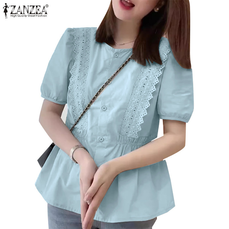Zanzea เสื ้ อเชิ ้ ตเอวคอกลมแขนพัฟแฟชั ่ นเกาหลีสําหรับผู ้ หญิง