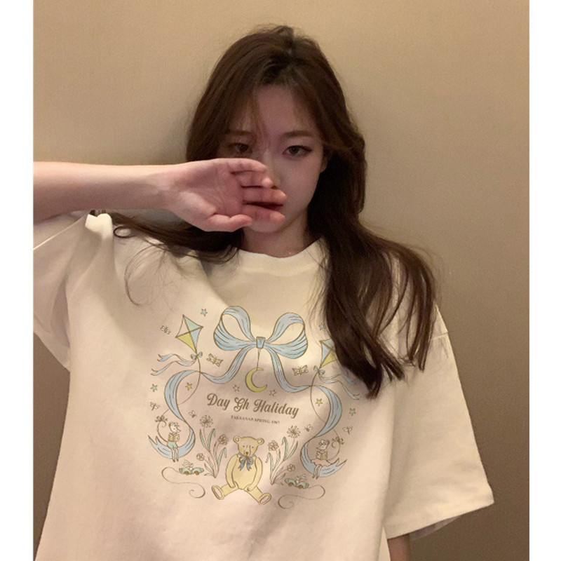 COD (กรุงเทพจัดส่งสินค้า)BOOM Shop เสื้อยืด oversize - วินเทจโบว์หมีพิมพ์หลวมพอดีแขนสั้นเสื้อยืดสำหรับสุภาพสตรี #1305