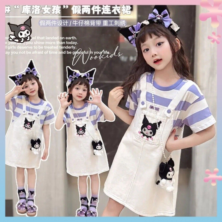 Girls Dress Girls Fake Two-Piece Suspender Summer Clothes Casual Fashion Short Sleeve Clothes Middle and Big Children Striped Dress