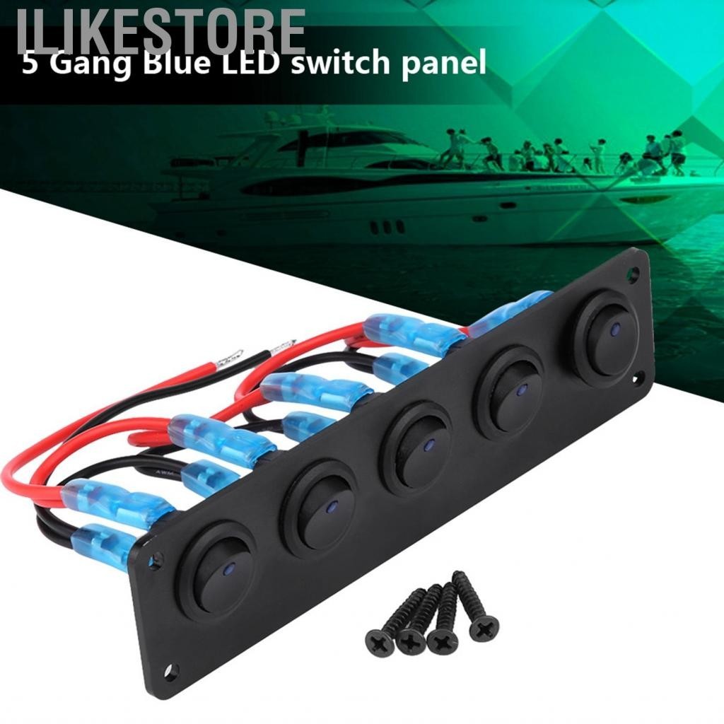 Ilikestore 12-24V 5 Gang Round Dash Rocker Toggle Switch Panel Blue LED สำหรับ RV เรือ Yacht Marine ABS + อลูมิเนียม