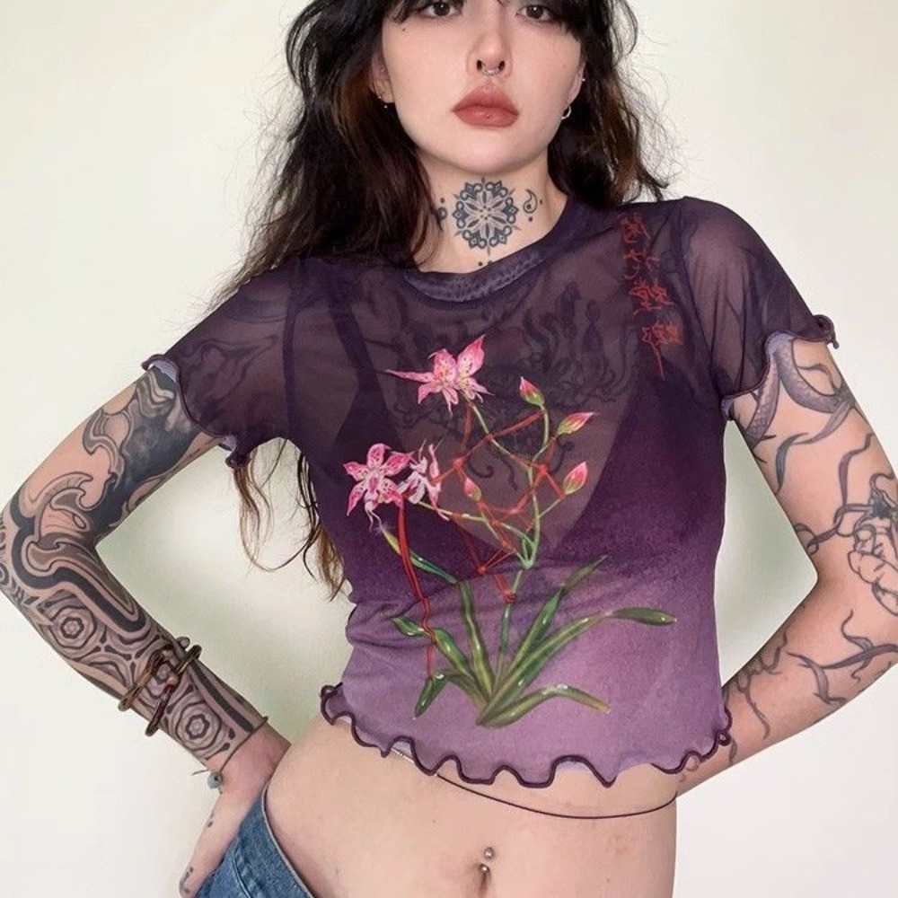 โฮมเมดมือวาด Bundled Orchid Mantis ตาข่ายพิมพ์ Navel-Exposed Slim-fit สาวร้อนสั้น
