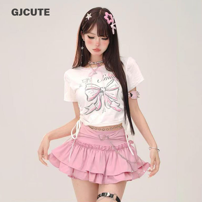 Gjcute แฟชั่นโบว์หวานสีชมพูสีดําเค้กกระโปรง Tutu กระโปรงสั้นสุด WTD