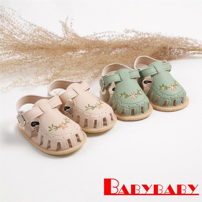 Bab-baby Girl PU หนังลื่นเย็บปักถักร้อยดอกไม้รองเท้าแตะฤดูร้อน