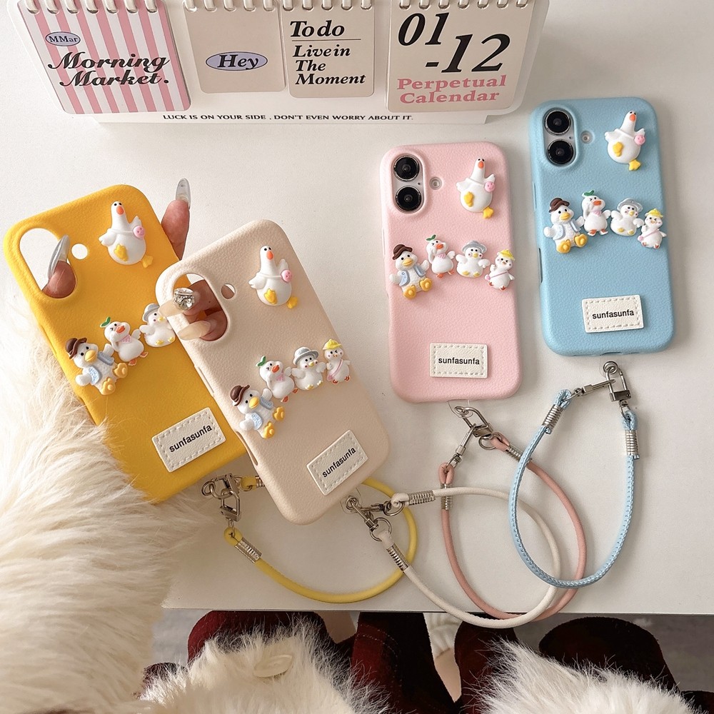 Litchi รูปแบบ 3D ตุ๊กตาเป็ดเหมาะสําหรับ Apple 17 ProMax 17 Pro Air 16promax เคสโทรศัพท์สี iPhone 15/14/13/12/11 Lanyard Soft Case