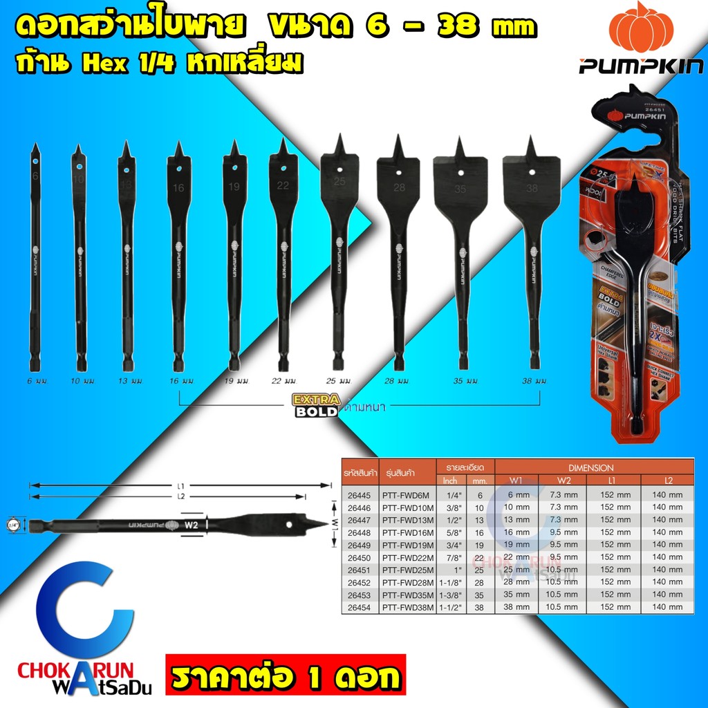 Pumpkin ดอกสว่านใบพาย เจาะไม้ 6 – 38 มิล – ดอกสว่านเจาะไม้ ดอกสว่านมือพระ ดอกเจาะไม้ ใบพาย ดอกสว่าน – โปรปัง