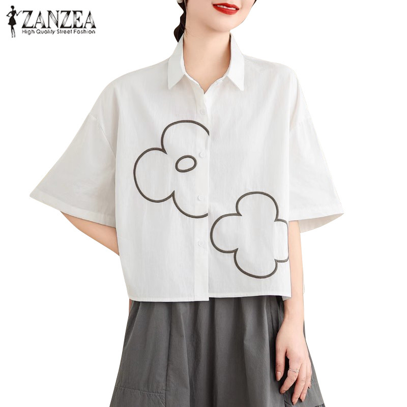 Zanzea เสื้อเชิ้ตแขน Raglan ผู้หญิงเกาหลี Street สไตล์ปกเย็บปักถักร้อยพิมพ์
