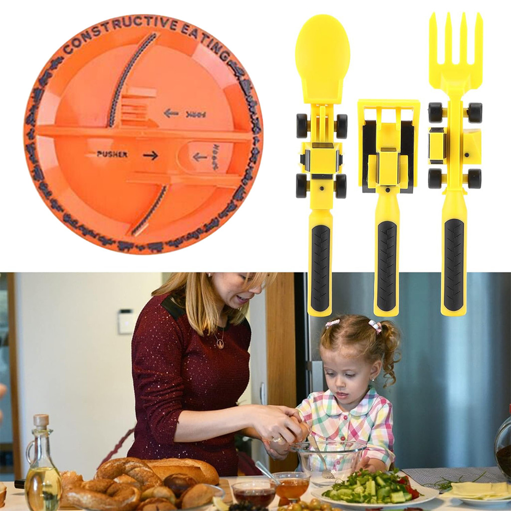 3 ชิ้นอาหารเกรดวัสดุรถเด็กรถปราบดินรถขุดพลั่วจานช้อนส้อมและปฏิบัติบนโต๊ะอาหารชุด