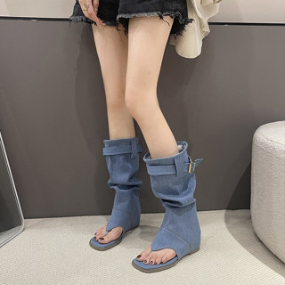 รองเท้าบูทผู้หญิงรองเท้าบูทยาวแฟชั่นเกาหลีผ้ายีนส์สูงปลายเท้…