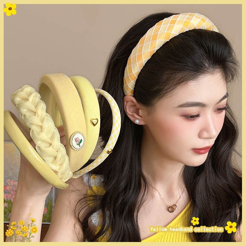 ที่คาดผมสีเหลืองลายดอกไม้ สำหรับสวมใส่ประจำวัน และทำความสะอาดง่าย