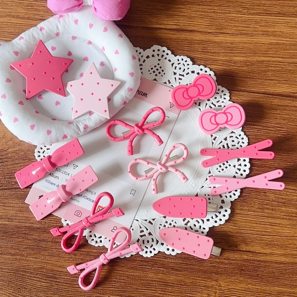 กิ๊บติดผมลายจุดเรียบง่ายของเกาหลีโบว์สีชมพูคลิปปากเป็ดเรียบง่ายคลิปด้านข้างหน้าม้าเข้ากันทั้งหมด