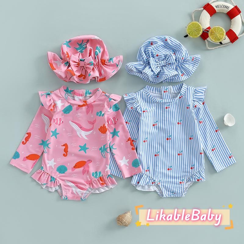 Baby Girl Long Sleeve Stripes/Ocean Animal Print Rash Guard ชุดว่ายน้ําพร้อมหมวกกันแดด