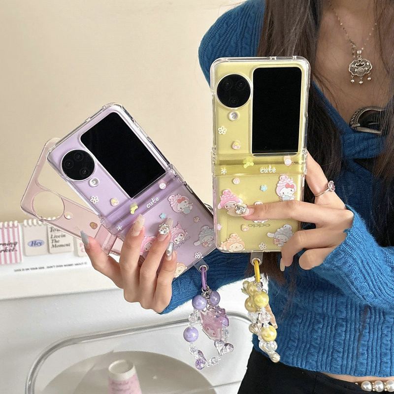 เคสโทรศัพท์แบบพับได้สําหรับ Oppo Find N2 N3 Flip น่ารักแบบเต็มหน้าจอสร้อยข้อมือ Sanrio เคสโทรศัพท์ TPU แบบแข็ง