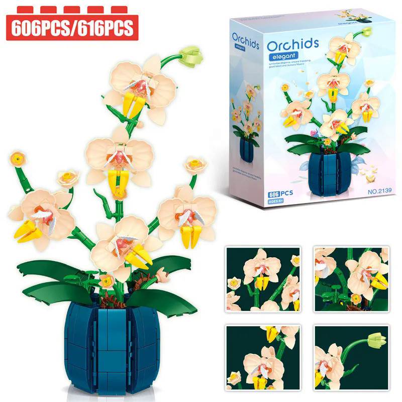 Orchid Flowers Building Blocks Bonsai Plant Model Bricks Bouquet Flower Blocks Creative Romantic Hom
