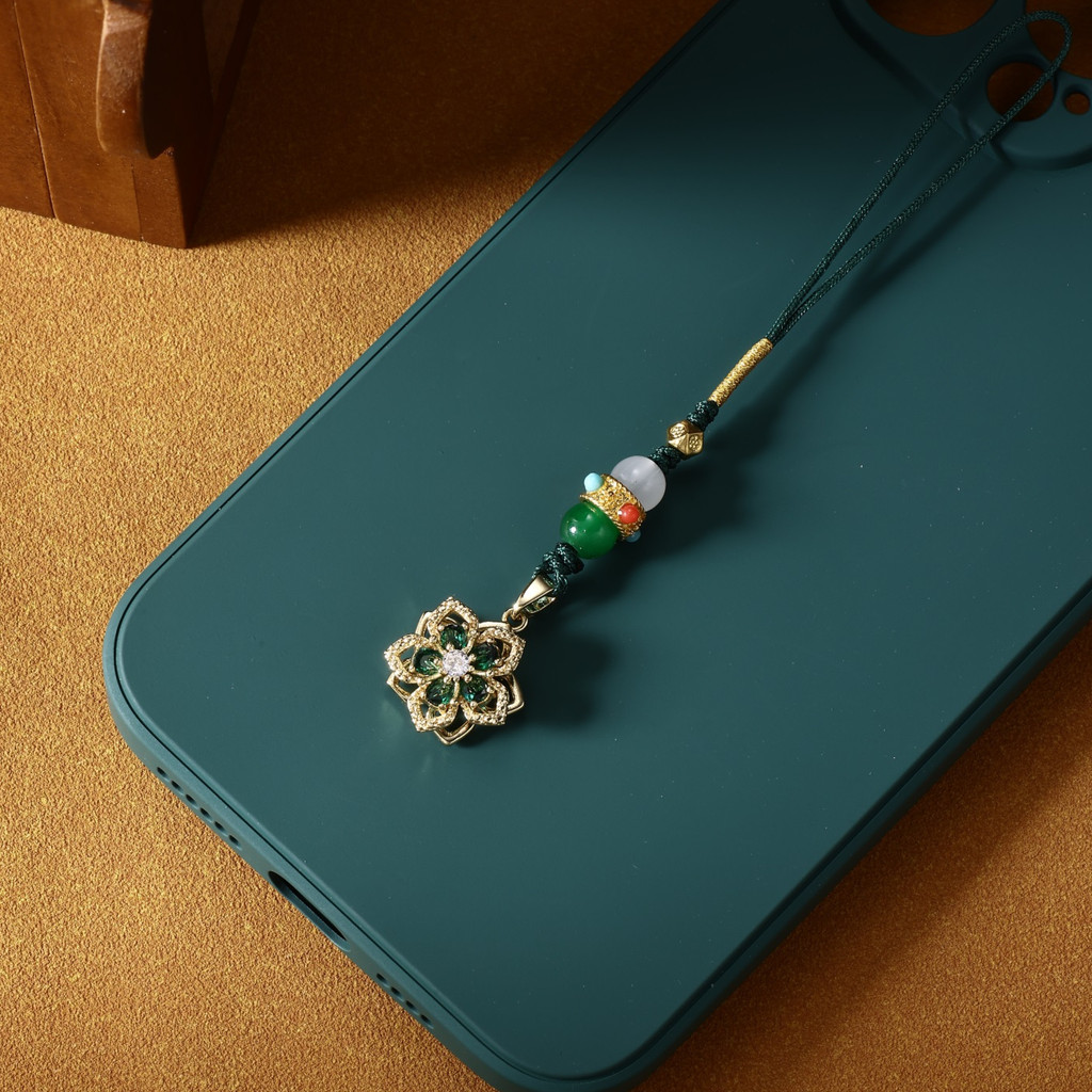 [แสดงความโชคดี] โทรศัพท์มือถือเสน่ห์คลาสสิกโชคดีสีเขียวจี้พลอยสดใส